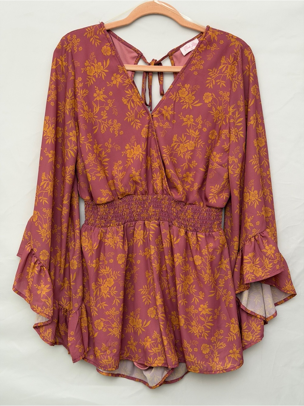 Pink Lily Mauve Floral Smocked Waist Romper with Mustard Print